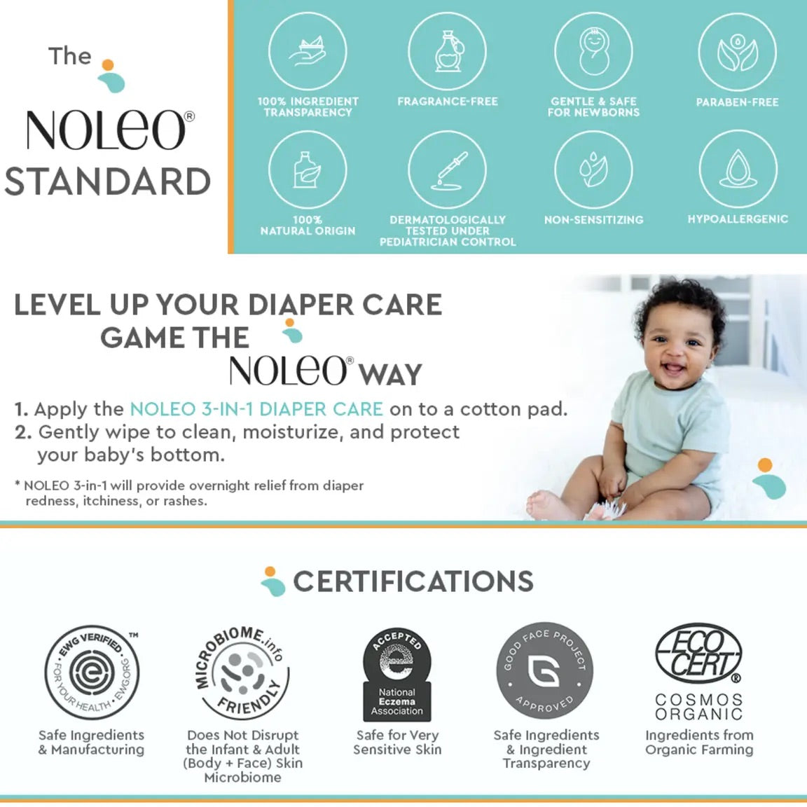 Noleo 3-in-1 Organic Diaper Care - EWG Certified CLEARANCE